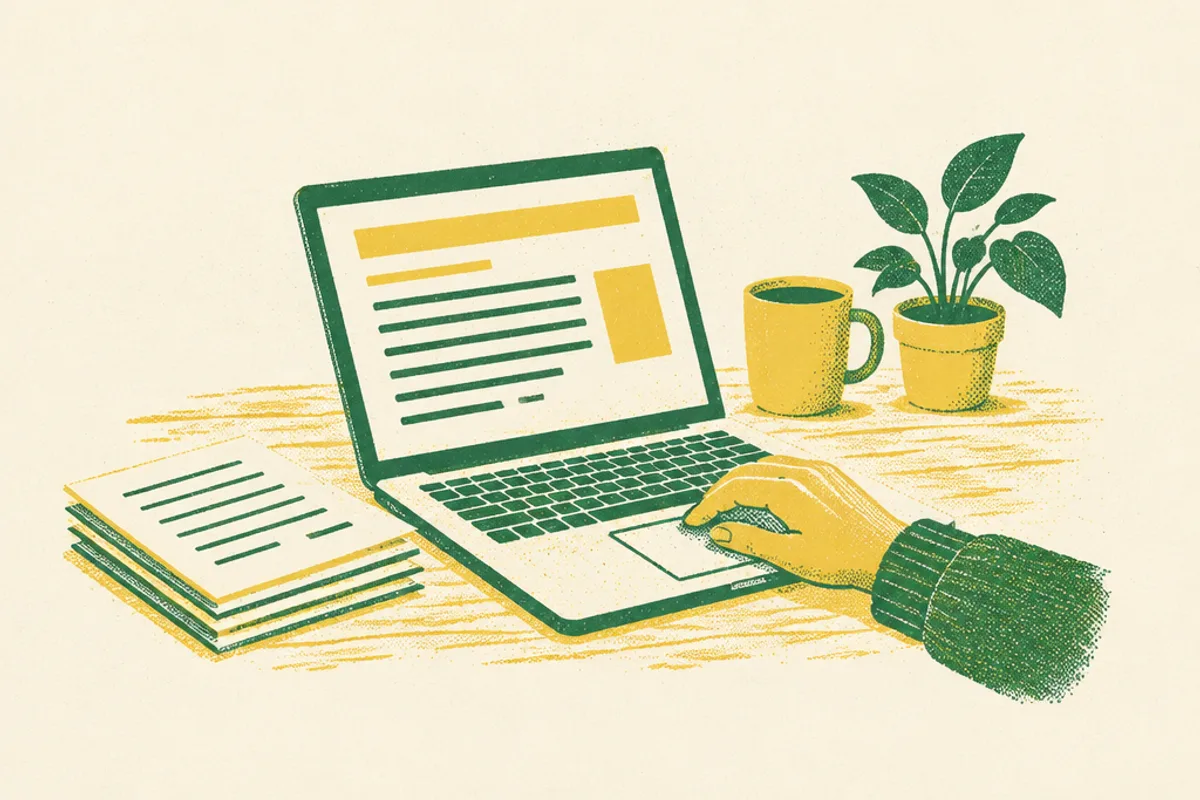 A hand in a green knit sleeve rests on a laptop trackpad on a wooden table, beside a stack of papers, a mug and a potted plant
