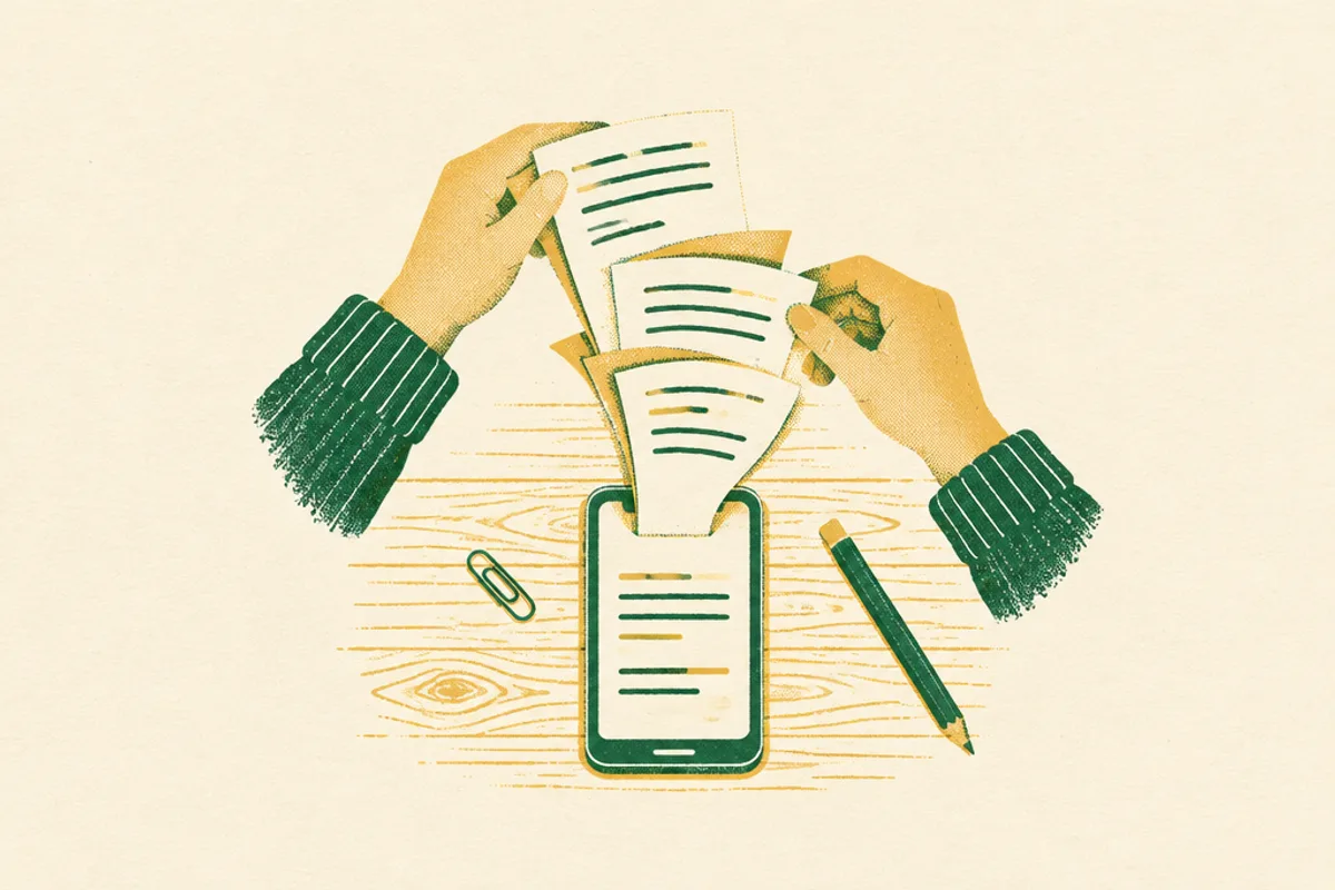 Two hands in green knit sleeves feed loose pages into a phone lying on a wooden desk, beside a paperclip and a pencil